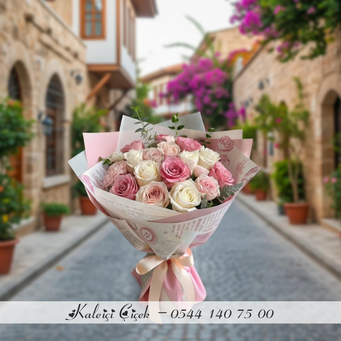 15 Pembe Beyaz Karışık Gül Buketi