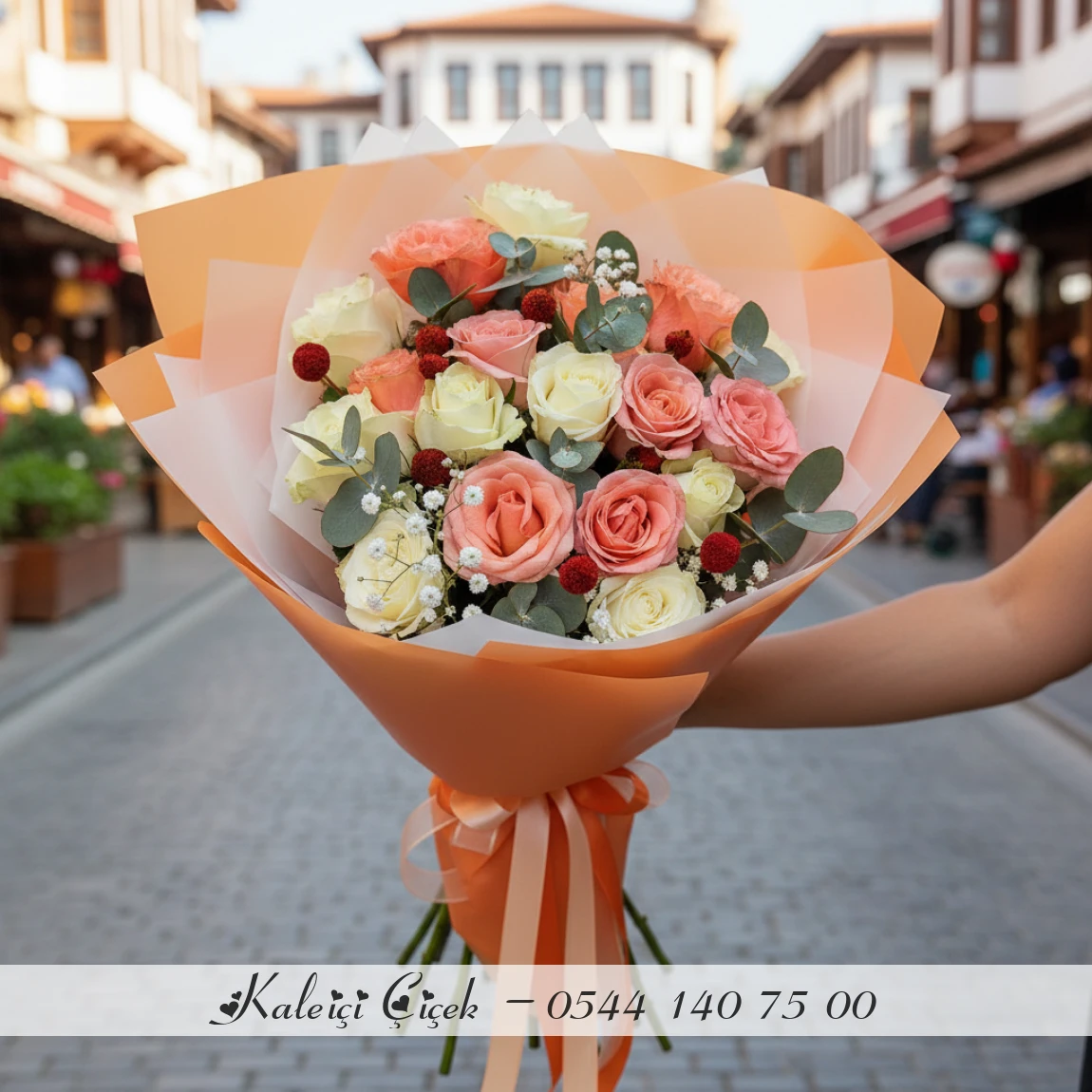 17 Adet Turuncu & Beyaz Gül Buketi
