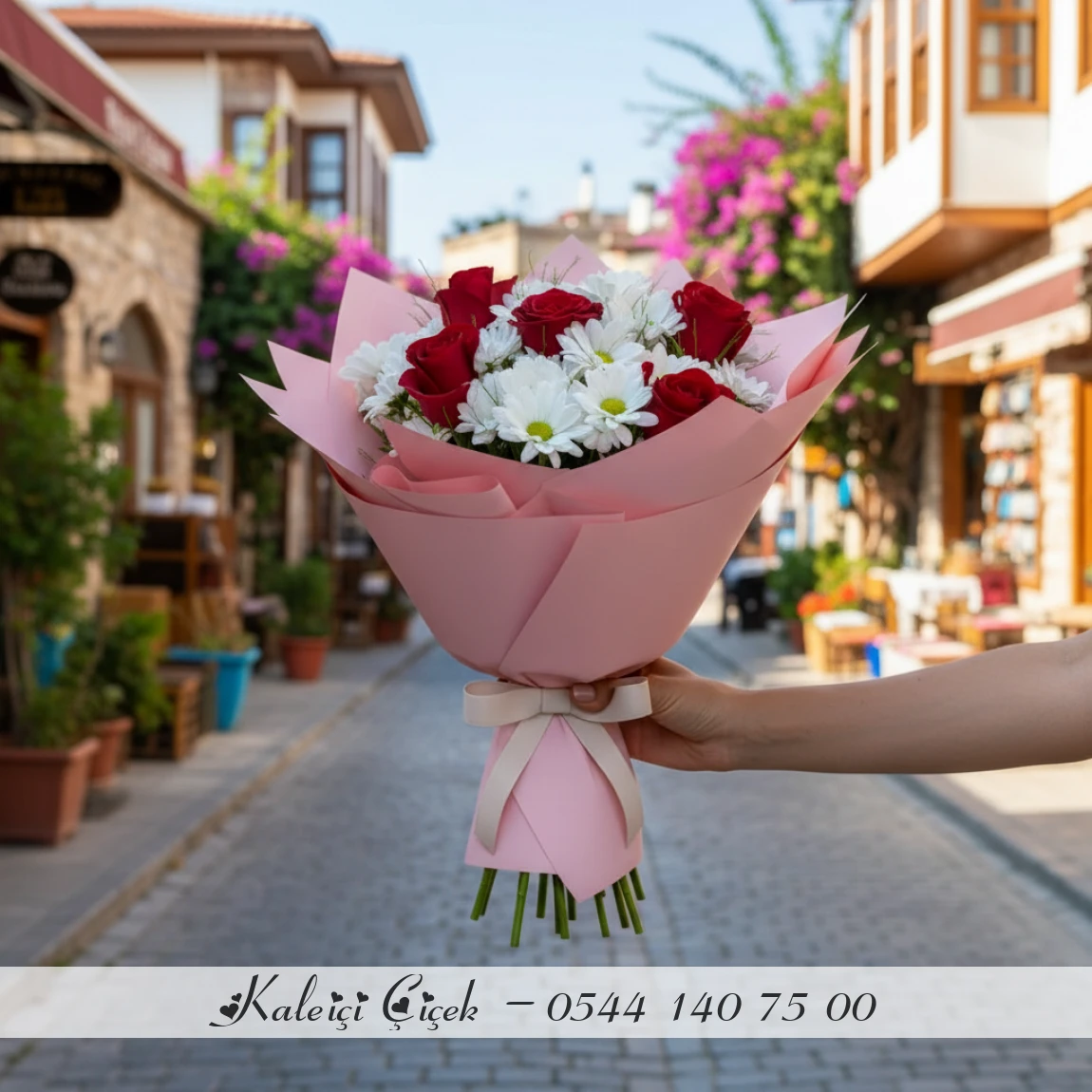 5 Gül Ve Beyaz Papatya Buketi