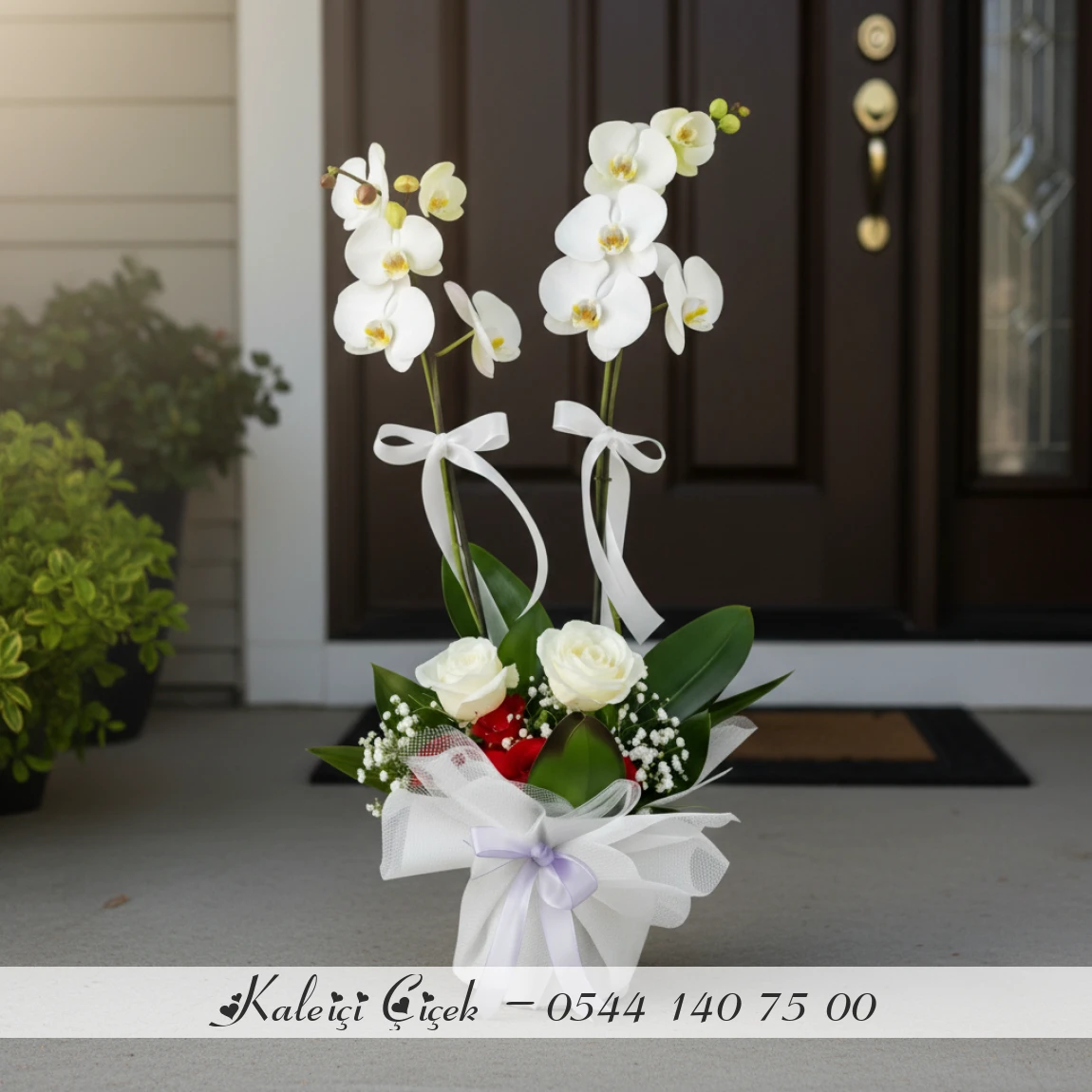 Beyaz Gül Aranjmanlı 1.Sınıf İthal Çift Dal Orkide