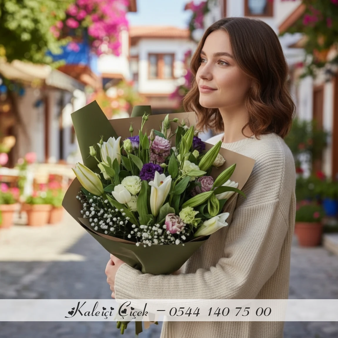 Doğal Tonlarda Lilyum Zambak Ve Mevsim Çiçekleri Buketi