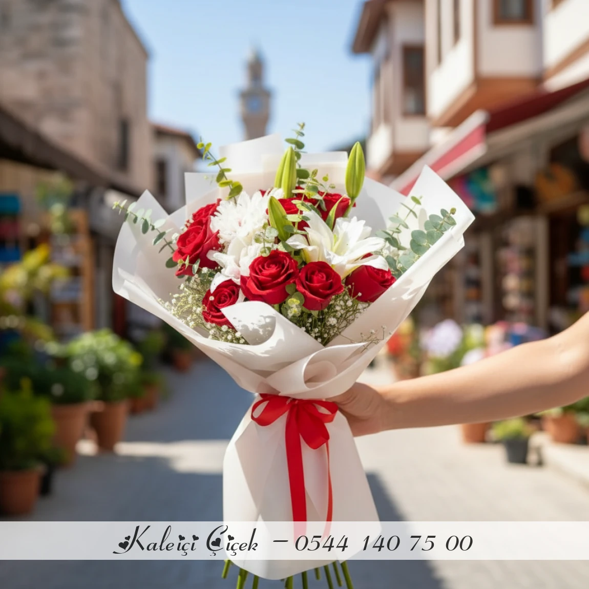 Kırmızı Detaylı Lilyum Zambak Zarafet Çiçek Buketi