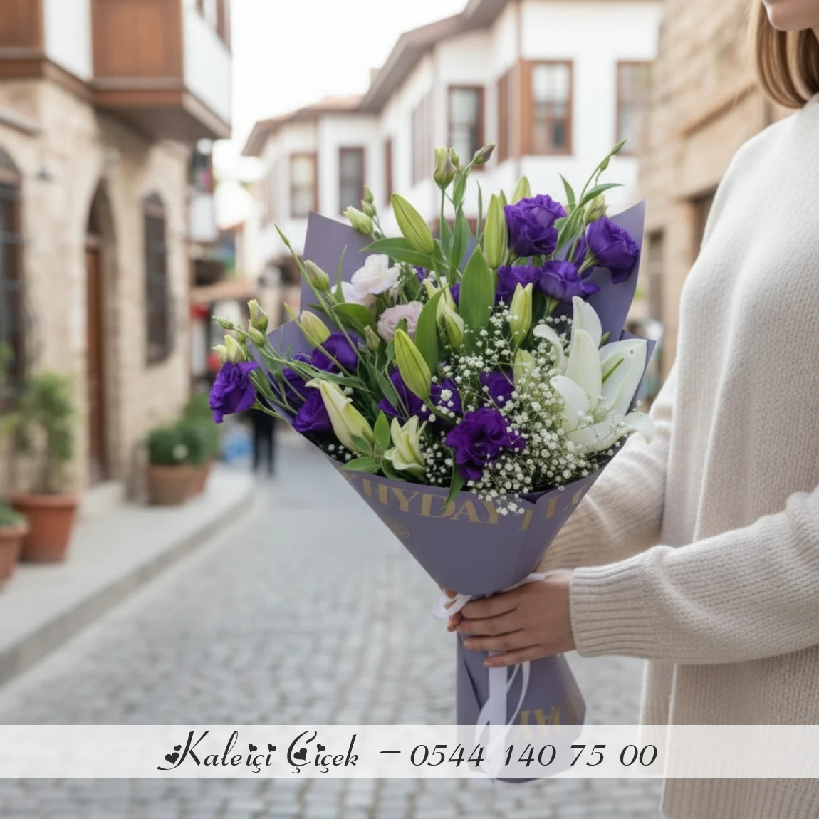 Mor Lisianthus Ve Beyaz Lilium Buketi