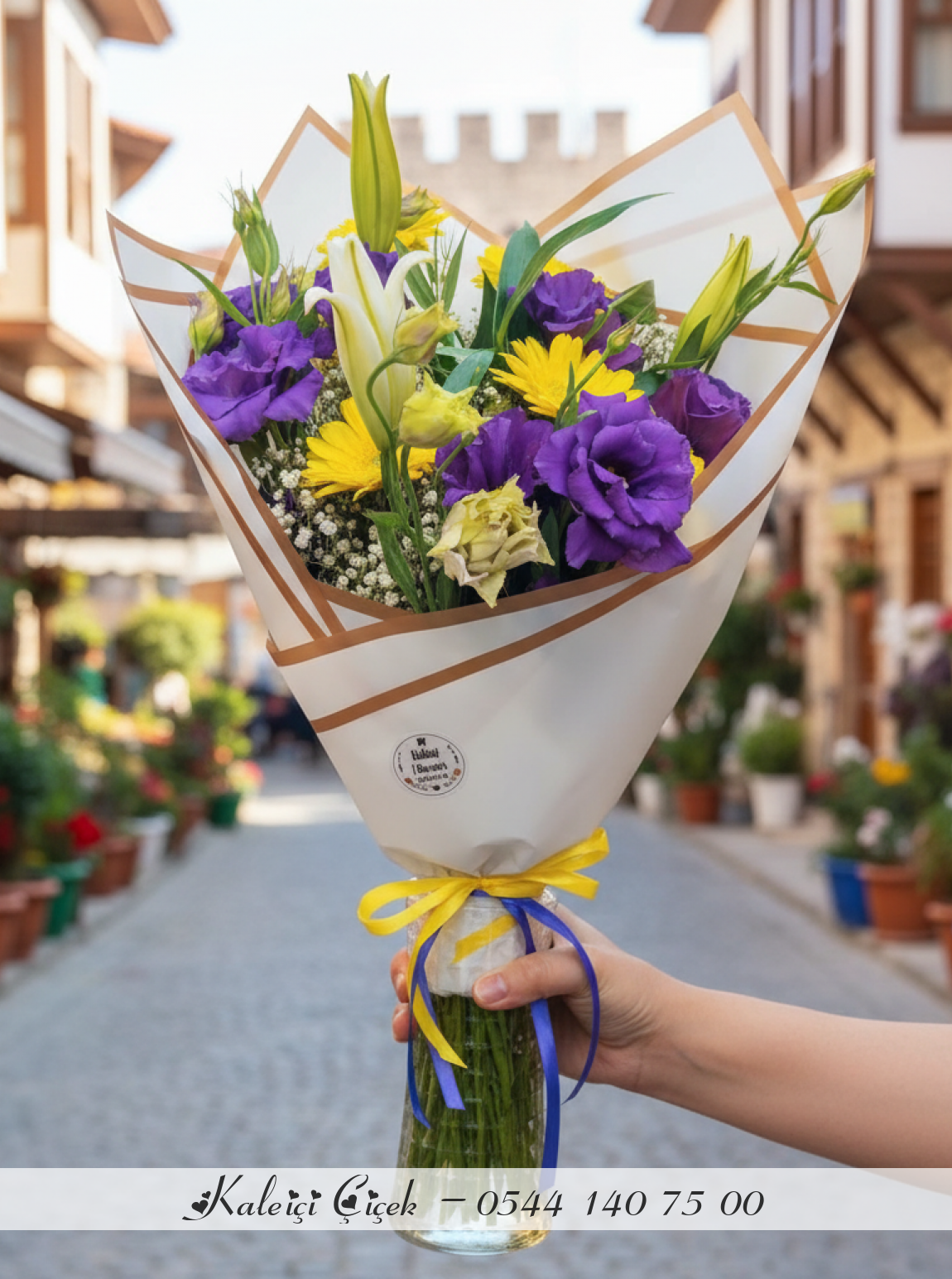 Mor Lisianthus Ve Sarı Gerbera Buketi