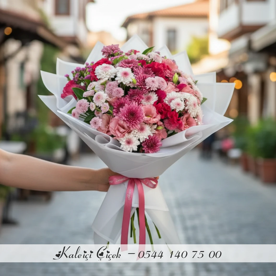 Pembe Tonlarda Mevsim Çiçekleri Buketi