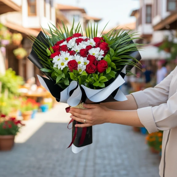 15  Adet Kırmızı Gül Ve Papatya Buketi | Aşkın Ve Samimiyetin Uyumu
