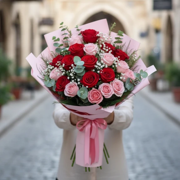 17 Adet Karışık Kırmızı Ve Pembe Gül Buketi