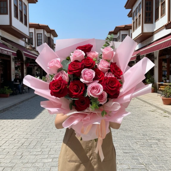 17 Adet Karışık Kırmızı Ve Pembe Gül Buketi