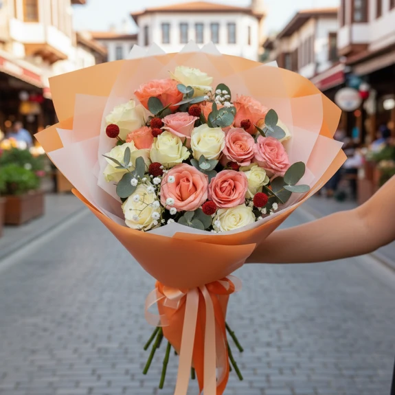 17 Adet Turuncu & Beyaz Gül Buketi