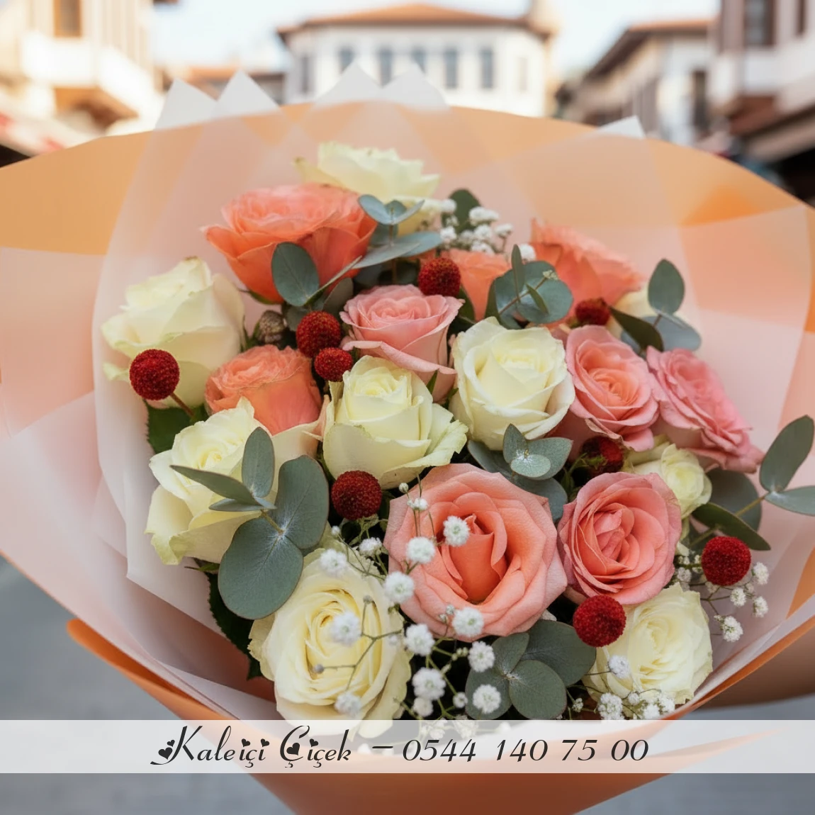 17 Adet Turuncu & Beyaz Gül Buketi