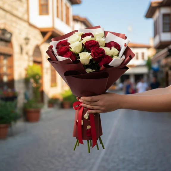 21 Adet Kırmızı Ve Beyaz Gül Buketi