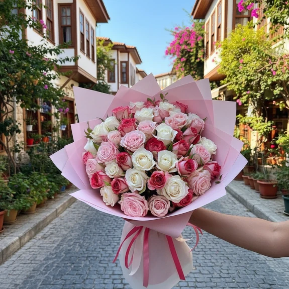 31 Adet Pembe Ve Beyaz Karışık Gül Buketi