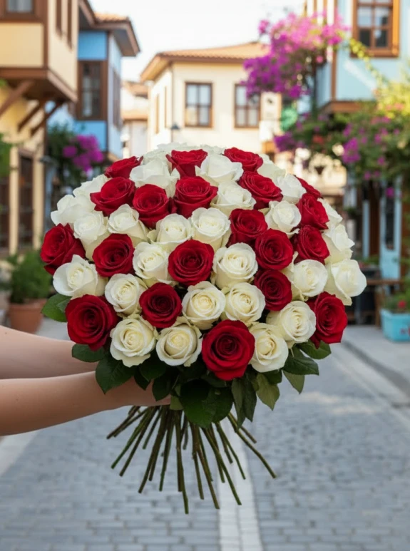 41 Adet Kırmızı Ve Beyaz Gül Buketi