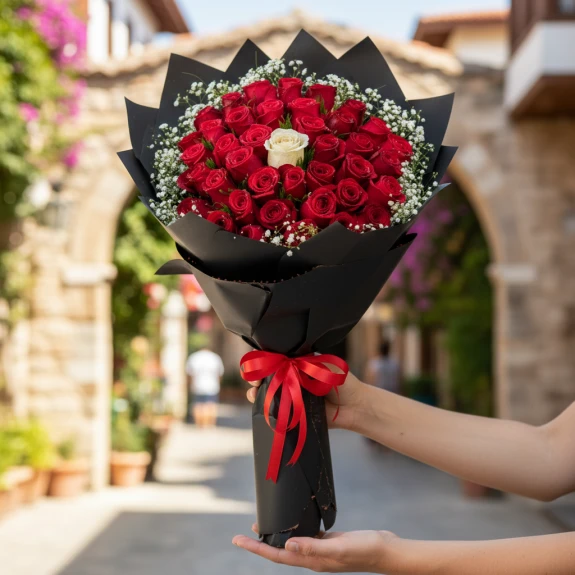 41 Adet Kırmızı Ve Beyaz İthal Güller 70Cm