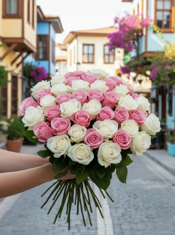 41 Adet Pembe Ve Beyaz Gül Buketi