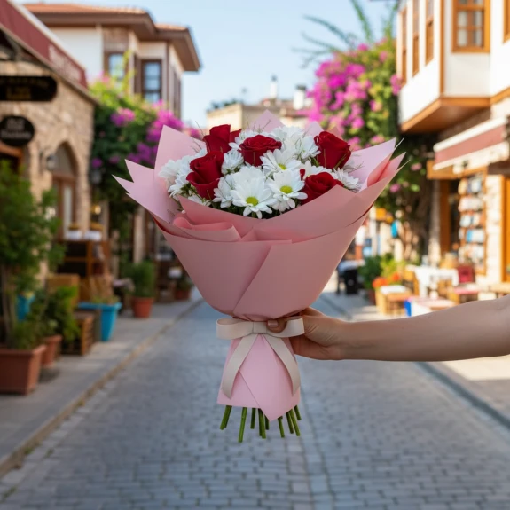 5 Gül Ve Beyaz Papatya Buketi