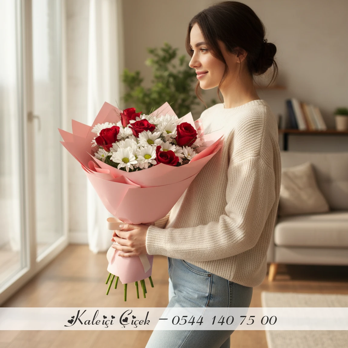 5 Gül Ve Beyaz Papatya Buketi