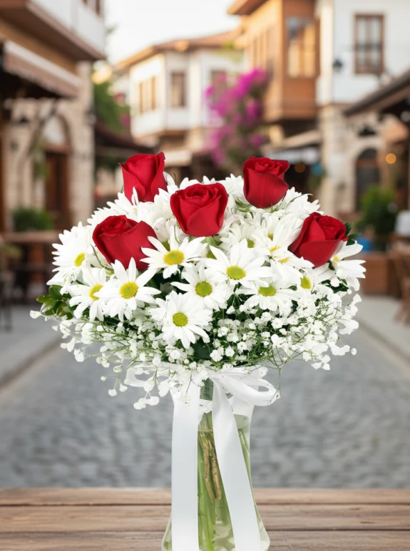 5 Gül Ve Papatyalar Cam Vazo