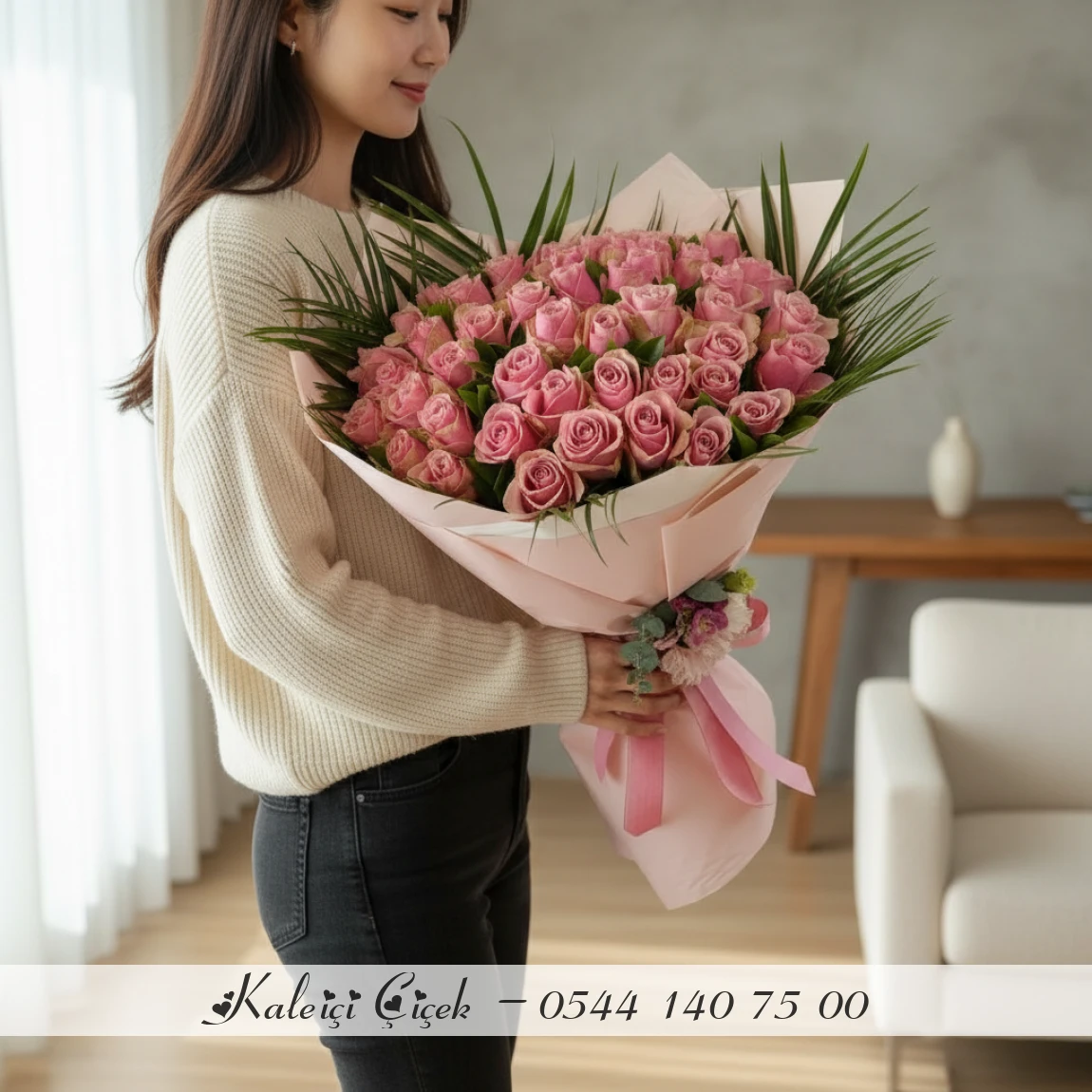 51 Adet Pembe İthal Güller 70Cm