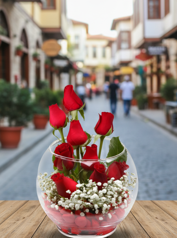 9 Adet Gül Ve Taşlı Fanus