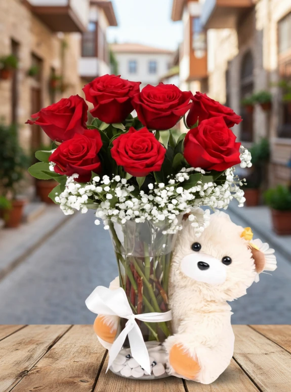 Ayıcıklı Cam Vazo'da Ayıcıklı Gül