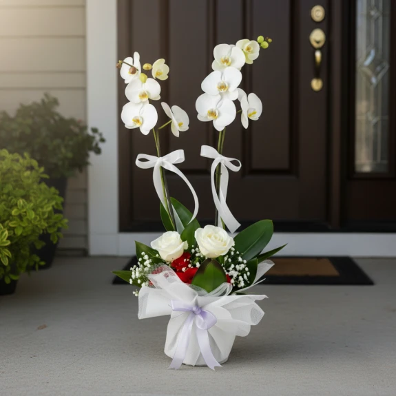 Beyaz Gül Aranjmanlı 1.Sınıf İthal Çift Dal Orkide