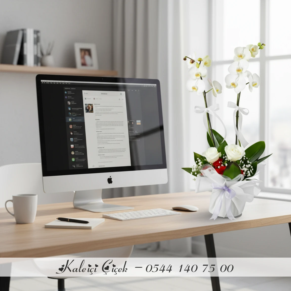 Beyaz Gül Aranjmanlı 1.Sınıf İthal Çift Dal Orkide