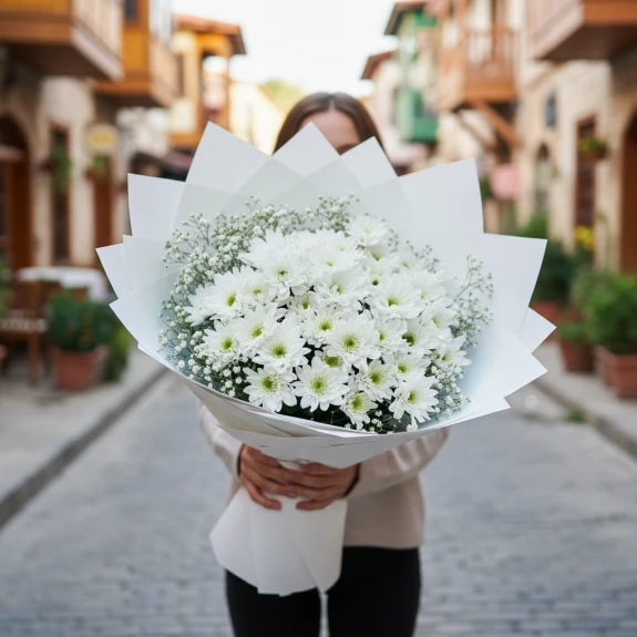 Beyaz Krizantemlerle Saf Zarafet Buketi