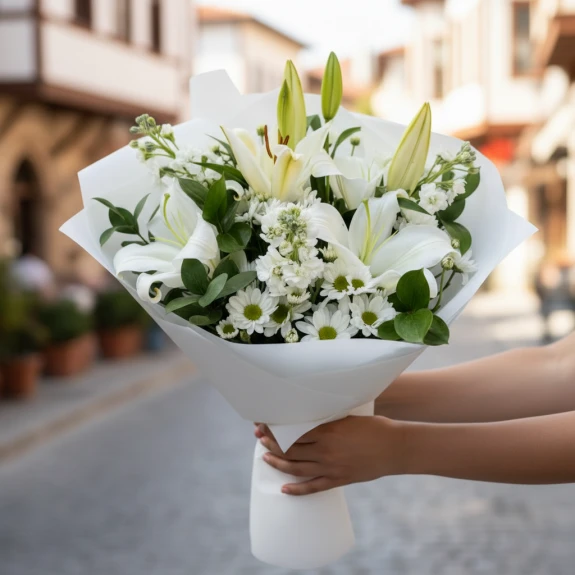 Beyaz Lilyum Ve Papatya Buketi