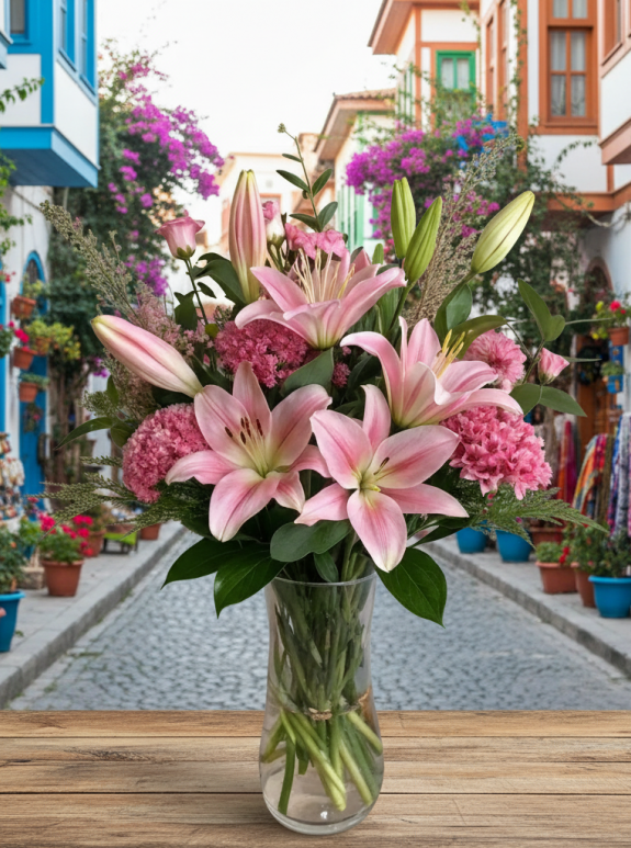 Cam Vazoda Büyük Pembe Lilyum