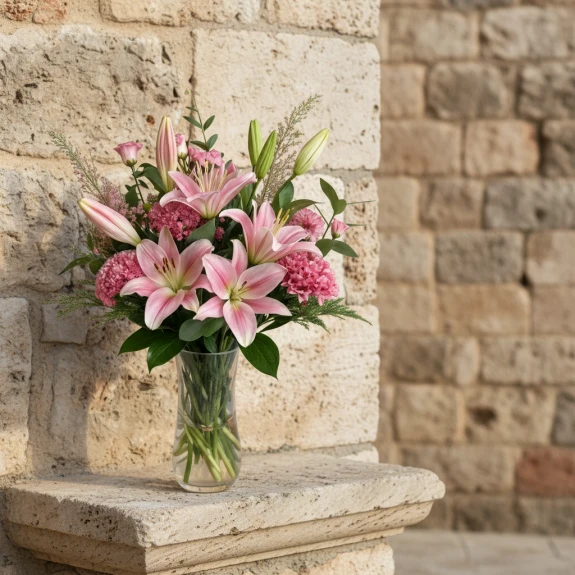 Cam Vazoda Büyük Pembe Lilyum Zambak