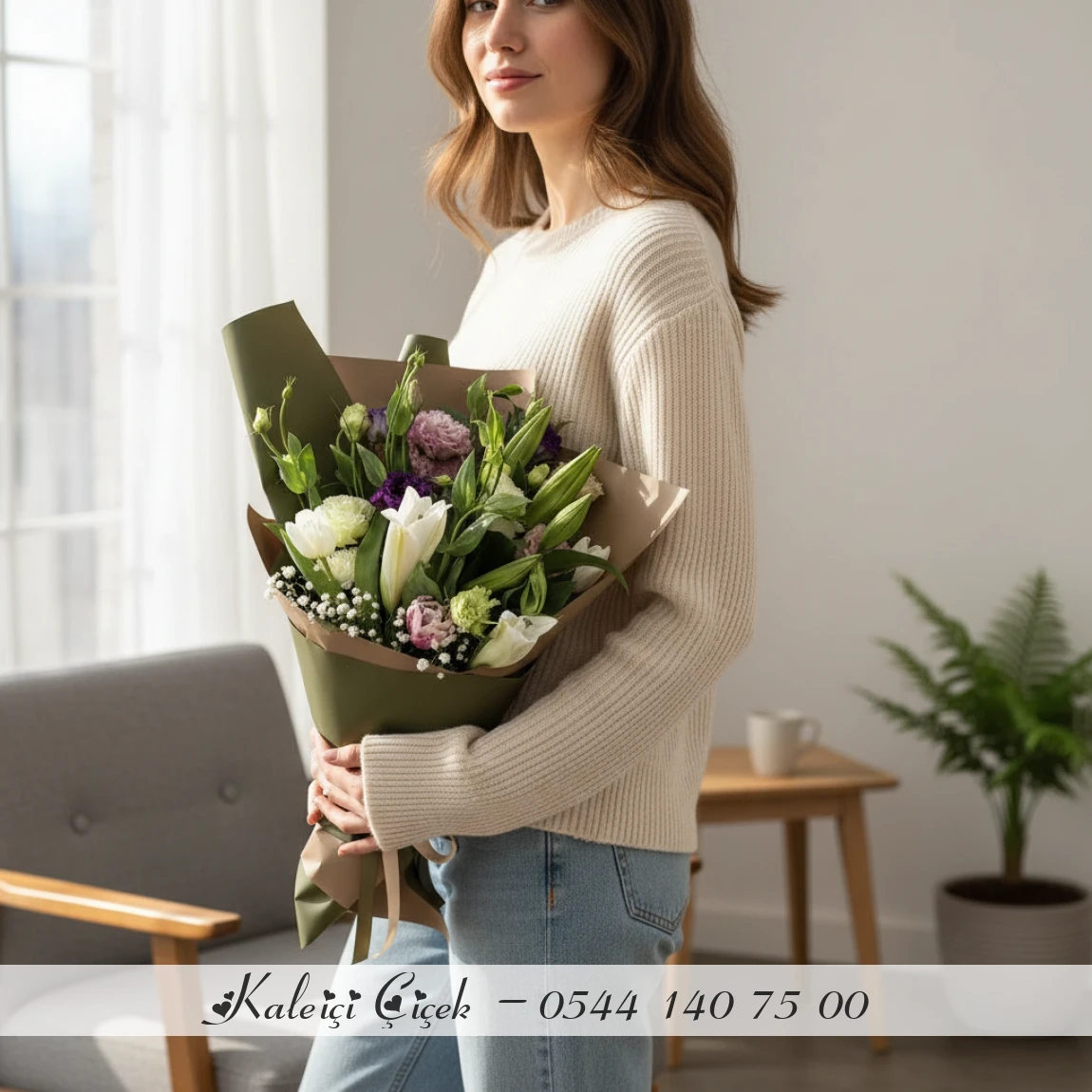 Doğal Tonlarda Lilyum Ve Mevsim Çiçekleri Buketi