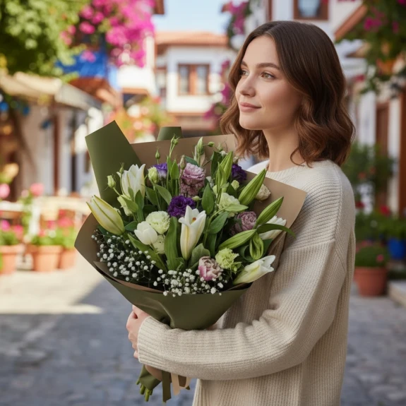 Doğal Tonlarda Lilyum Zambak Ve Mevsim Çiçekleri Buketi