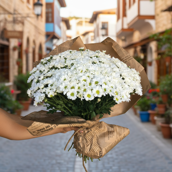 Gazete Kağıdında Büyük İthal Papatya Buketi