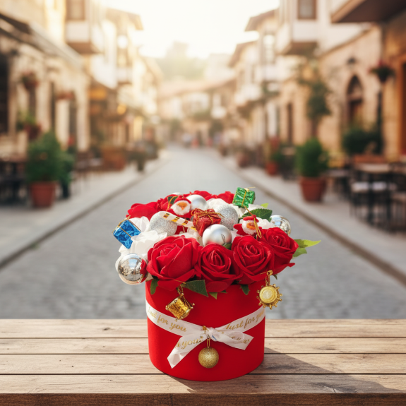 Kadife Kutuda Kırmızı Güllü Yılbaşı Aranjmanı