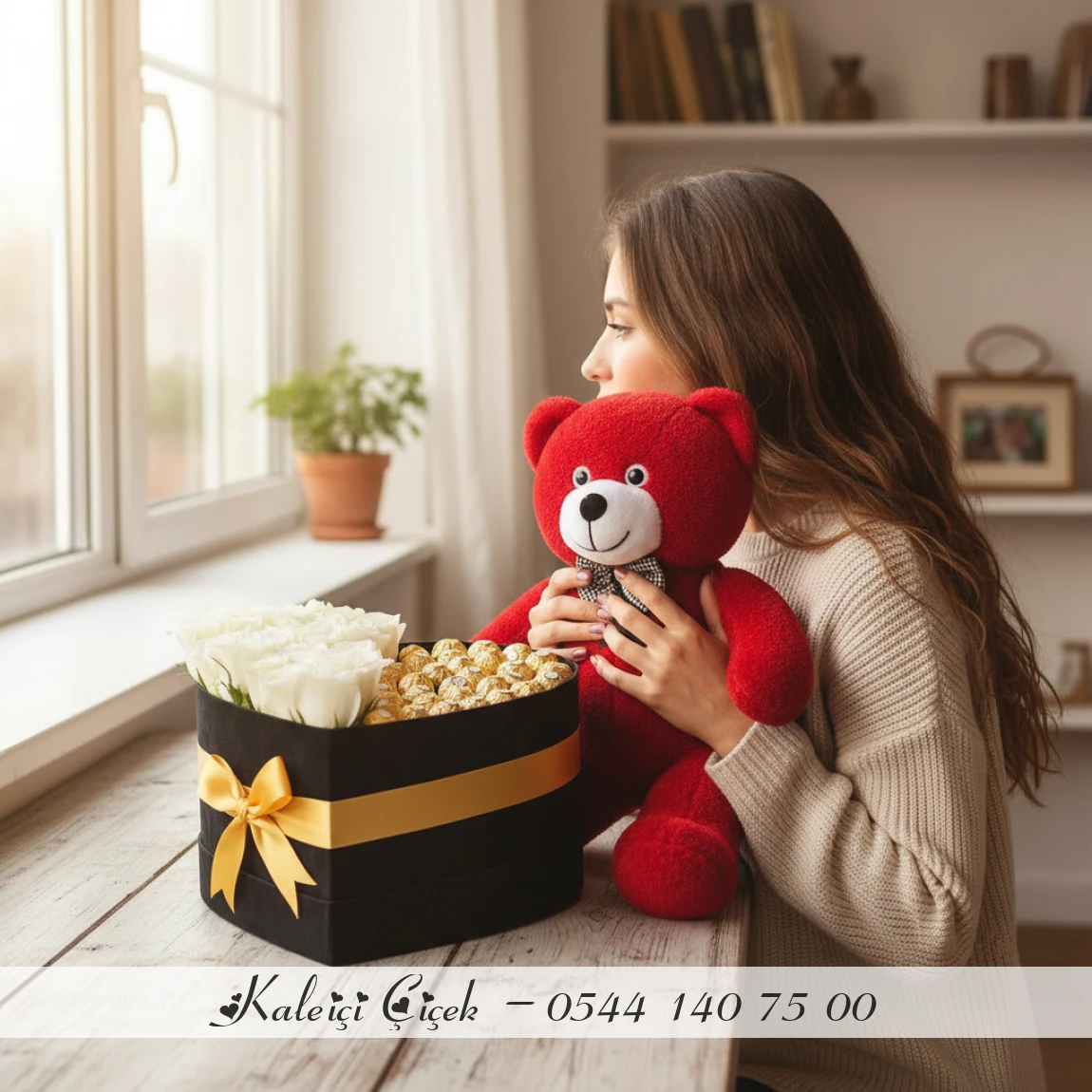 Kalpli Kutuda Beyaz Gül, Ferrero Rocher Ve Kırmızı Peluş Ayı