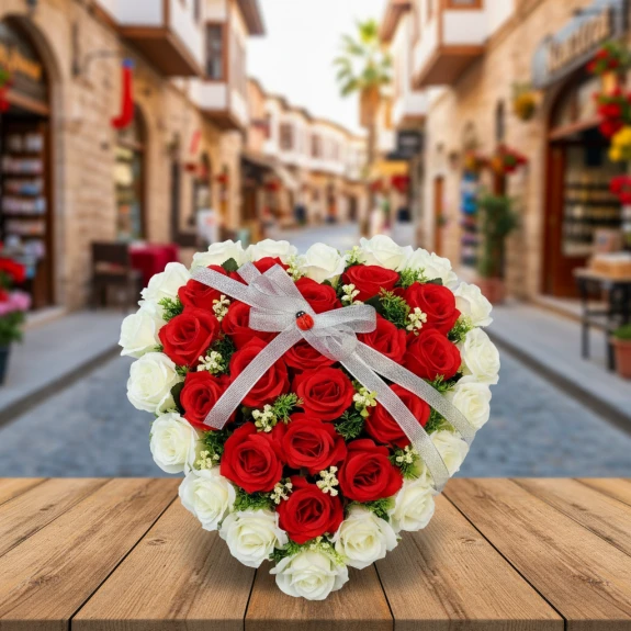 Kalpli Kutuda Kırmızı Beyaz Yapay Güller