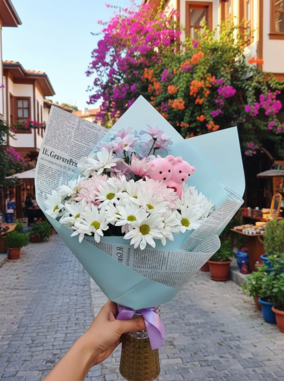 Karışık Papatya Ve Peluş Ayıcık