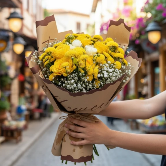 Karışık Sarı Gül Ve Krizantem , Beyaz Çardak Güller