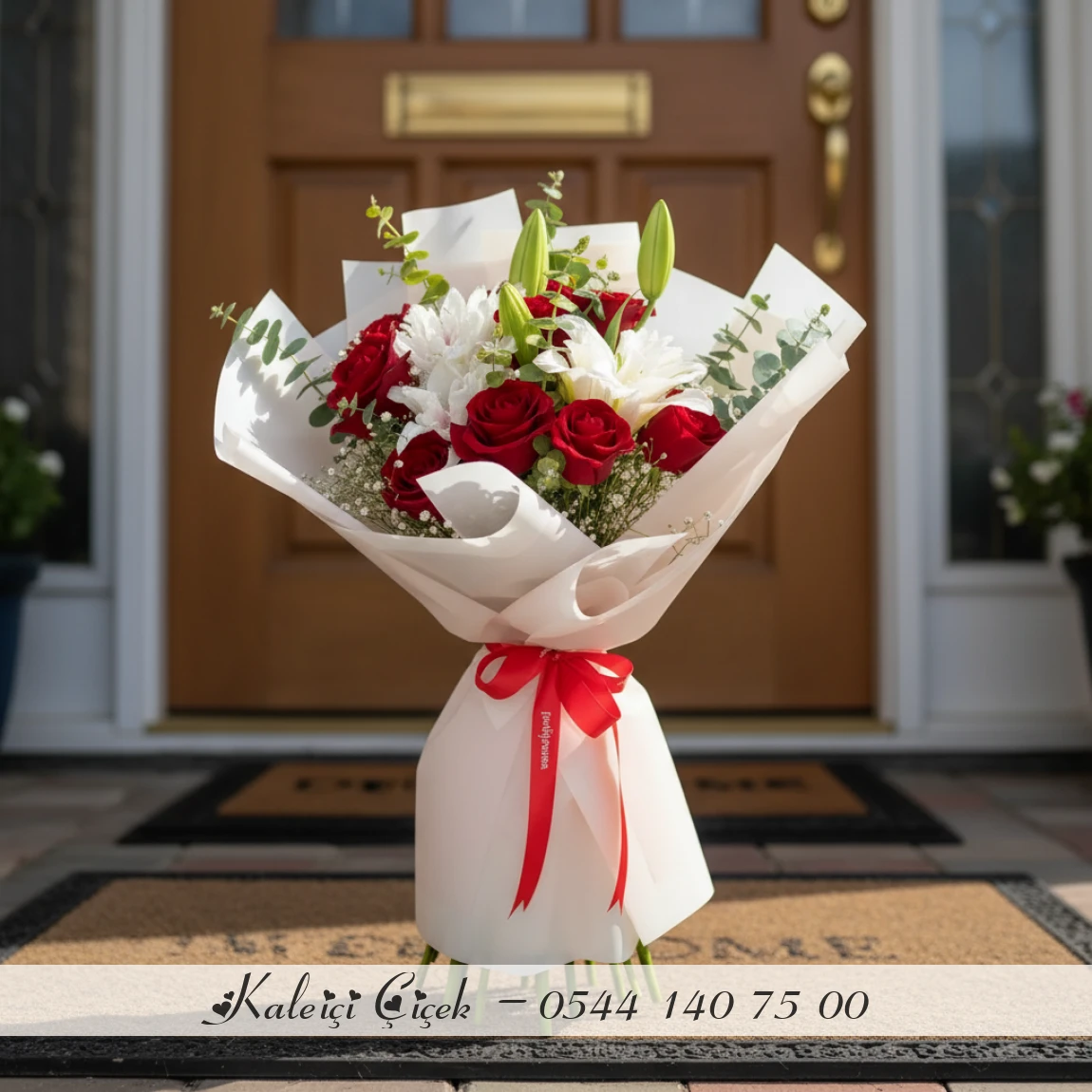 Kırmızı Detaylı Lilyum Zarafet Çiçek Buketi