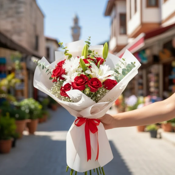 Kırmızı Detaylı Lilyum Zarafet Çiçek Buketi