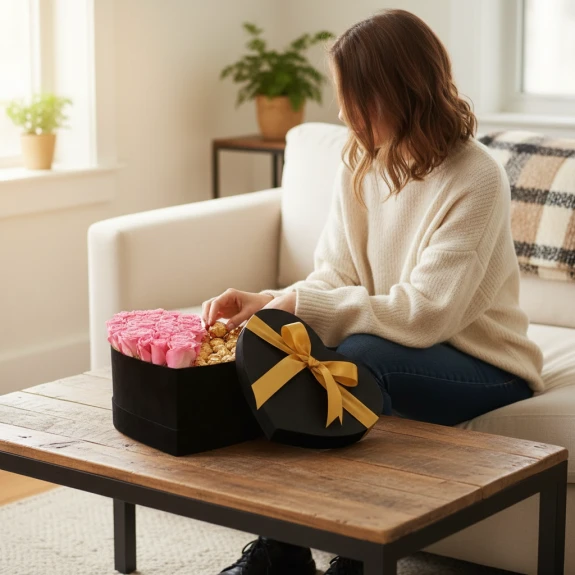 Kutuda 21 Adet Pembe Gül Ve Ferrero Rocher Çikolata