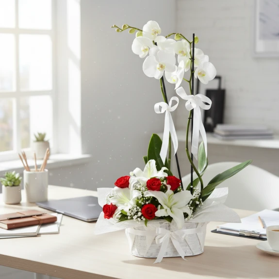 Lilyum Ve Gül Aranjmanlı 1.Sınıf İthal Orkide