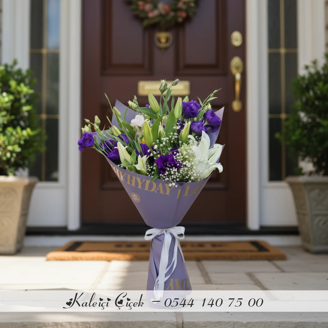 Mor Lisianthus Ve Beyaz Lilium Buketi