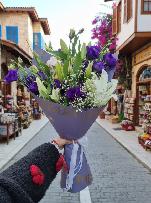 Mor Lisianthus Ve Beyaz Lilium Buketi