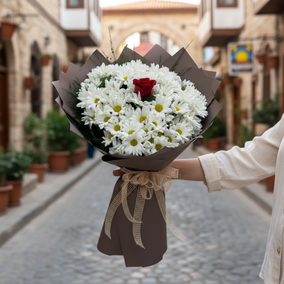 Papatya Ve Tek Gül Buketi