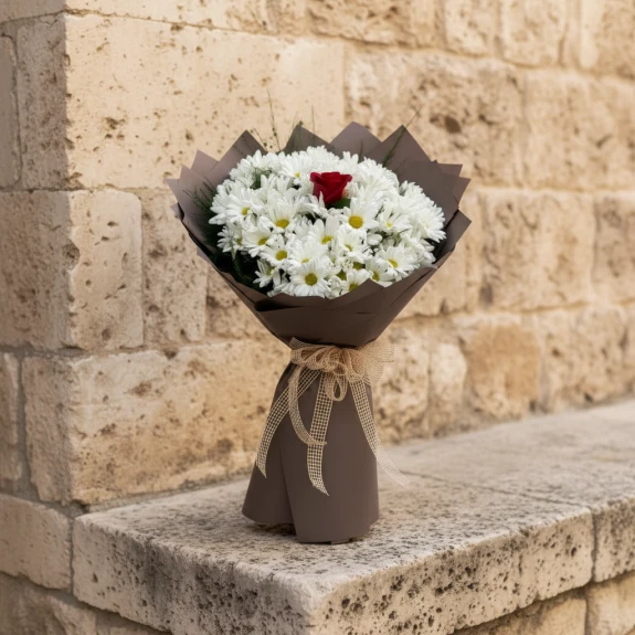 Papatya Ve Tek Gül Buketi