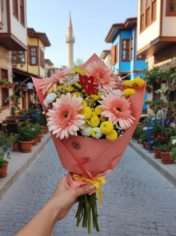 Pembe Gerbera Ve Sarı Krizantem Buketi