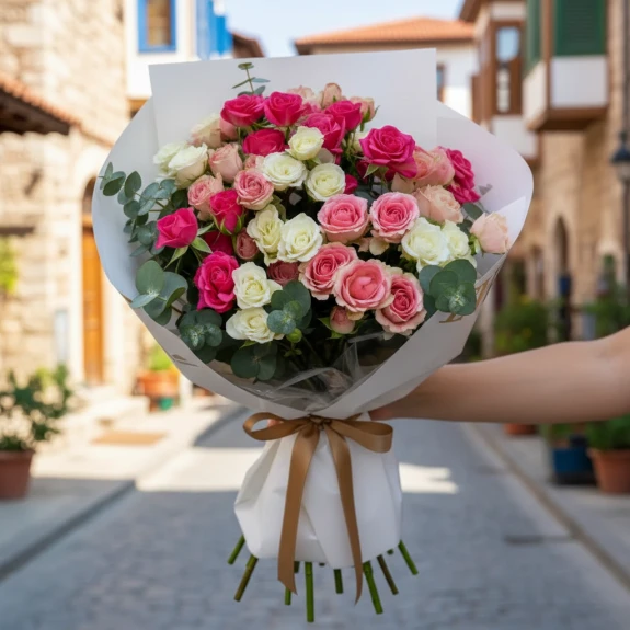 Pembe & Krem Çardak Güllerle Zarif Bahar Buketi