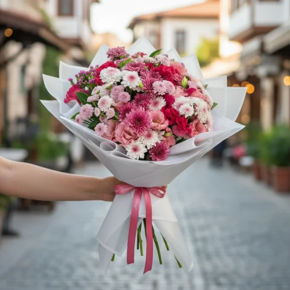 Pembe Tonlarda Mevsim Çiçekleri Buketi